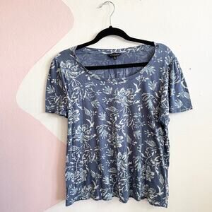 Lucky Brand Women Top Large Blue Floral Shirt Boho Short Sleeve Pullover Stretch